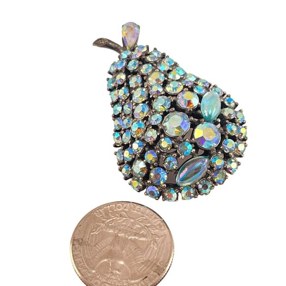 Vintage Signed ART Pear Fruit AB Aurora Borealis Blue Rhinestone Brooch - Picture 4 of 7